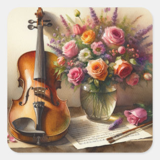 Sticker Carré Violon, Partition et un Vase de Fleurs