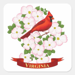 Sticker Carré Virginie State Cardinal Bird and Dogwood Flower