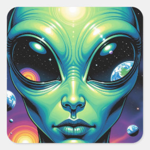 Sticker Carré Visage Alien avec des planètes Réflexions dans les
