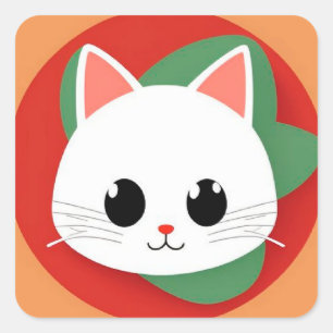 Sticker Carré 🐱 Visage de Chat de Dessin Animé Gras Graphique S
