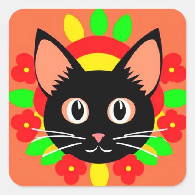 Sticker Carré Visage de Chat Mignon Illustration Vibrante (Devant)