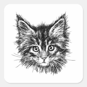 Sticker Carré Visage de Kitten noir et blanc