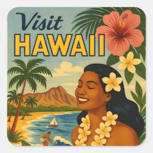 Sticker Carré Visite Hawaii Tourisme Art Mid Century