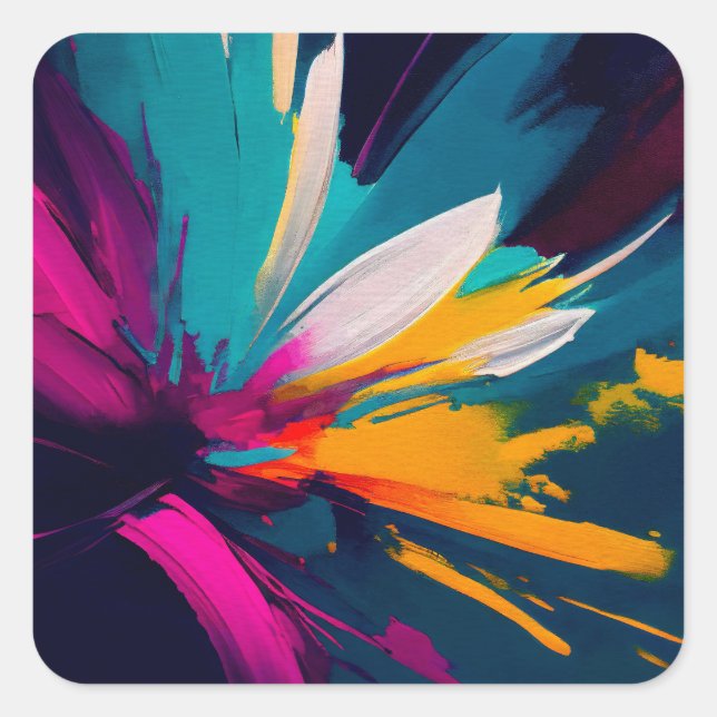 Sticker Carré Vivid Bloom – Énergie Florale Abstraite Explosive (Devant)