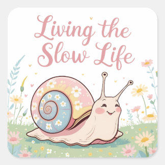 Sticker Carré Vivre une vie lente | Pastel Floral Snail