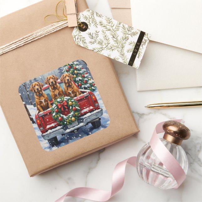 Sticker Carré Vizsla Christmas Red Truck Holiday (Cadeaux)