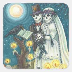 STICKER CARRÉ VOEUX DE CEMETIERE, MARIAGE DE SQUELETTE, MARIE ET