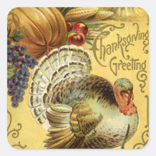 Sticker Carré Vœux de Thanksgiving vintage avec dinde