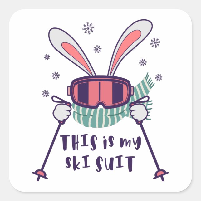 Sticker Carré Voici mon Ski Suit Ski Rabbit avec des bâtons de s (Devant)