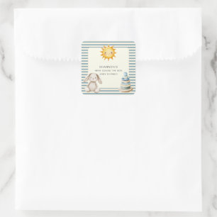 Sticker Carré Voici que vient le fils Baby Shower Rayure bleue