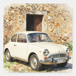 Sticker Carré Voiture Ancienne près d'un Bâtiment en Pierre