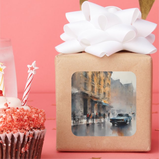 Sticker Carré Voiture bleue vintage à Foggy Cityscape (Fête)