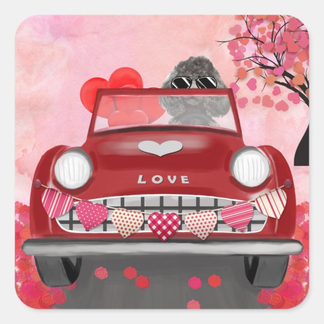 Sticker Carré Voiture de chien de caniche avec les coeurs Saint- (Devant)