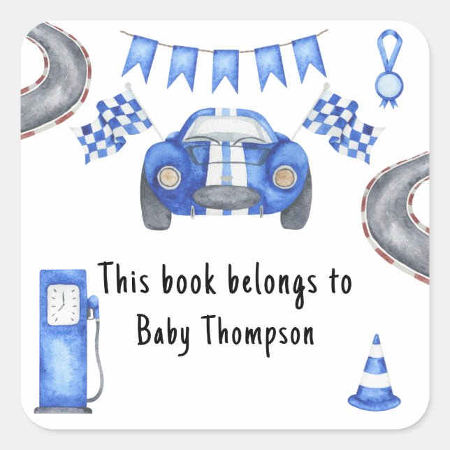 Sticker Carré Voiture de course - ce livre appartient à (Devant)
