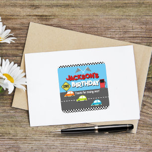 Sticker Carré Voiture Race Boy Anniversaire Merci
