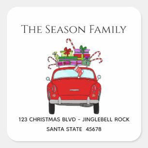 Sticker Carré Voiture rouge rétro avec cadeaux de Noël