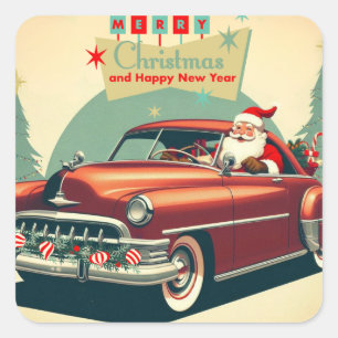 Sticker Carré Voiture rouge vintage & Père Noël