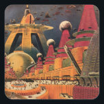 Sticker Carré Voiture volant vintage de science fiction futurist<br><div class="desc">illustration vintage image de science-fiction voyage et transport avec un livre classique retro sci fi milieu urbain avec une ville de l'avenir. Les bâtiments architecturaux sont en forme de cônes et les véhicules volent dans le ciel comme des oiseaux tandis que la foule se déplace à travers la métropole.</div>