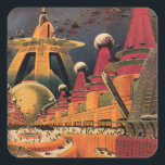 Sticker Carré Voiture volant vintage de science fiction futurist<br><div class="desc">illustration vintage image de science-fiction voyage et transport avec un livre classique retro sci fi milieu urbain avec une ville de l'avenir. Les bâtiments architecturaux sont en forme de cônes et les véhicules volent dans le ciel comme des oiseaux tandis que la foule se déplace à travers la métropole.</div>
