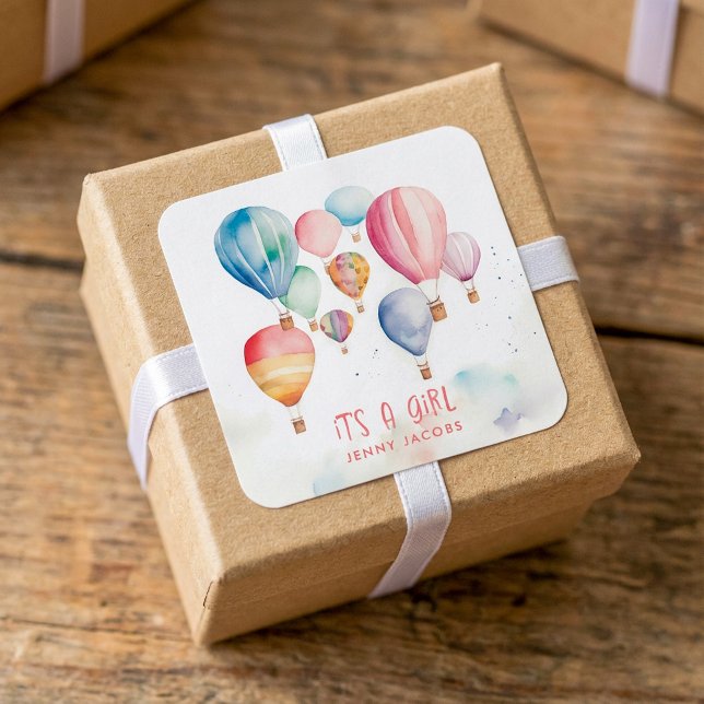 Sticker Carré Voler des montgolfières c'est une fille papier amu (Flying hot air balloons it's a girl paper fun square sticker.)