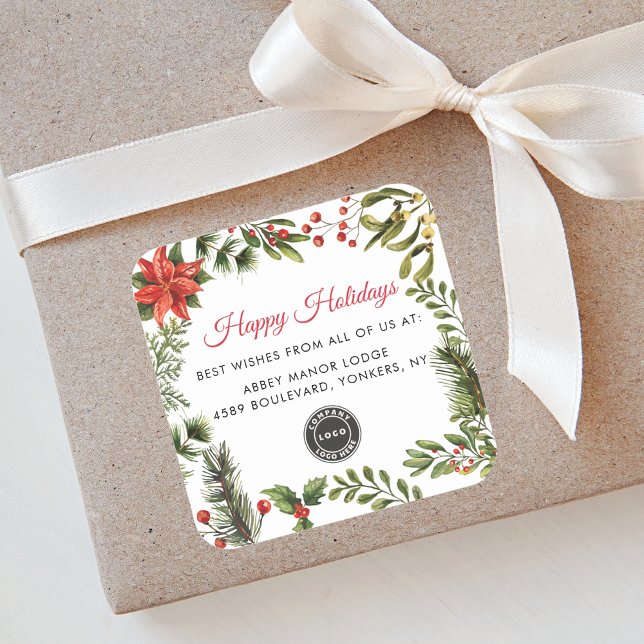 Sticker Carré Votre entreprise Logo vacances de Noël (Business Logo Botanical Red Berries Happy Holidays Christmas Square Sticker)