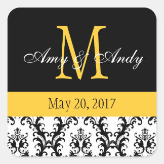 Sticker Carré Votre Monogramme, Sauvez la date Damas Noir Jaune