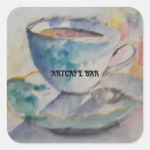 Sticker Carré Votre nom Aquarelle café tasse et soucoupe
