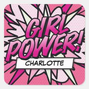 Sticker Carré Votre nom GIRL POWER Fun Retro Comic Book Pop Art