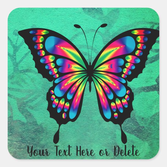 Sticker Carré Votre texte rose vif et bleu papillon Turquoise (Devant)