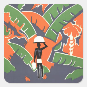Sticker Carré Voyage Art Déco vintage, Amérindien dans la jungle