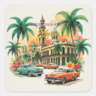 Sticker Carré Voyage Cuba vintage - Salutations de La Havane