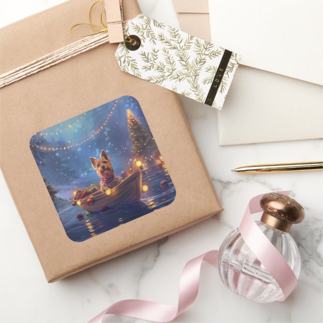 Sticker Carré Voyage de Noël de Terrier australien (Cadeaux)