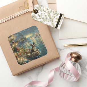 Sticker Carré Voyage festif de Noël de Boston Terrier