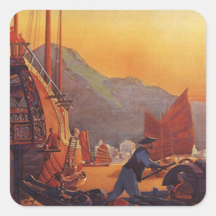 Sticker Carré Voyage Rétro, Avion au-dessus de jonques à Hong Ko