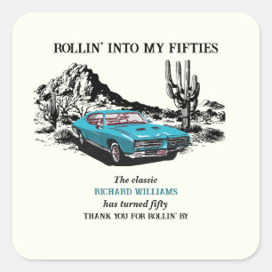 Sticker Carré Voyage Voiture Vintage Désert Fête d'anniversaire