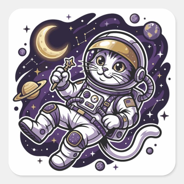 Sticker Carré Voyageur Céleste : Masque Spatial de Chat Astronau (Devant)