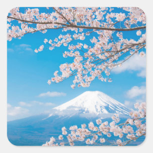 Sticker Carré Vue du mont Fuji avec des fleurs de cerisier