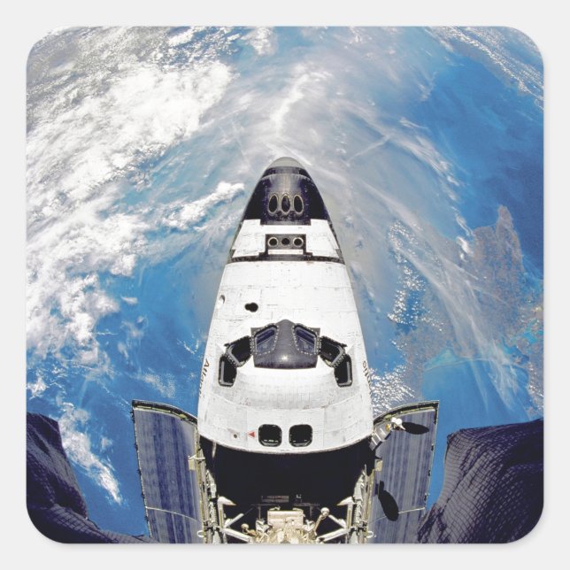 Sticker Carré Vue Fish Eye Navette Spatiale Atlantis Orbite Terr (Devant)