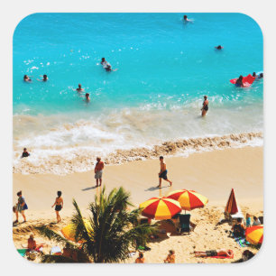 Sticker Carré Vue surélevée de la scène de la plage de Waikiki, 
