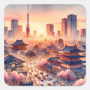 Sticker Carré Vue Tokyo sur le coucher de soleil d'Imaginaire