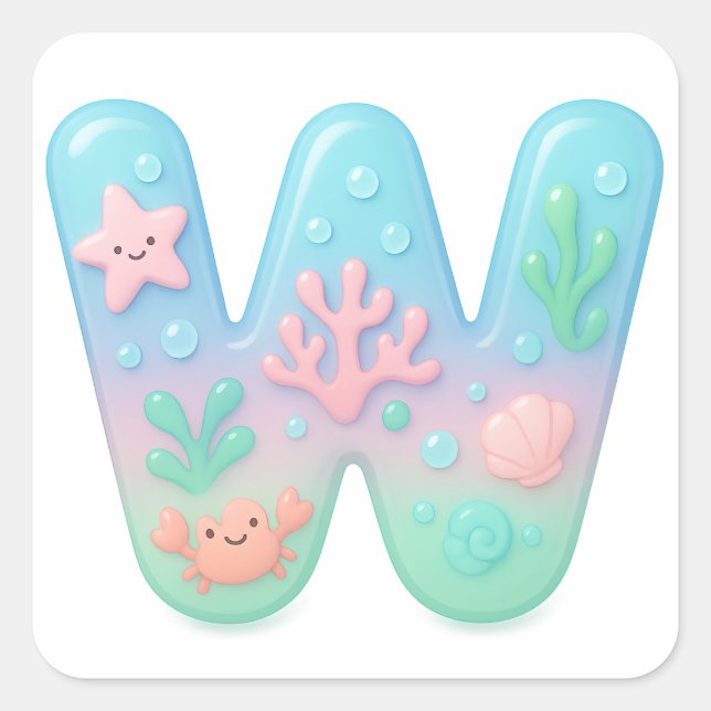Sticker Carré "W" Cute Letter - Underwater Sea Creature  (Devant)