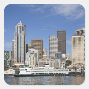 Sticker Carré WA, Seattle, ligne d'horizon de Seattle avec ferry