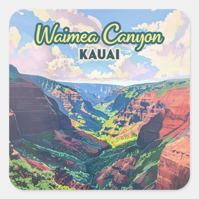 Sticker Carré Waimea Canyon Kauai Hawaii Paysage Rétro (Devant)
