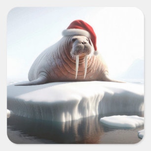 Sticker Carré Walrus de Noël portant un chapeau de Père Noël