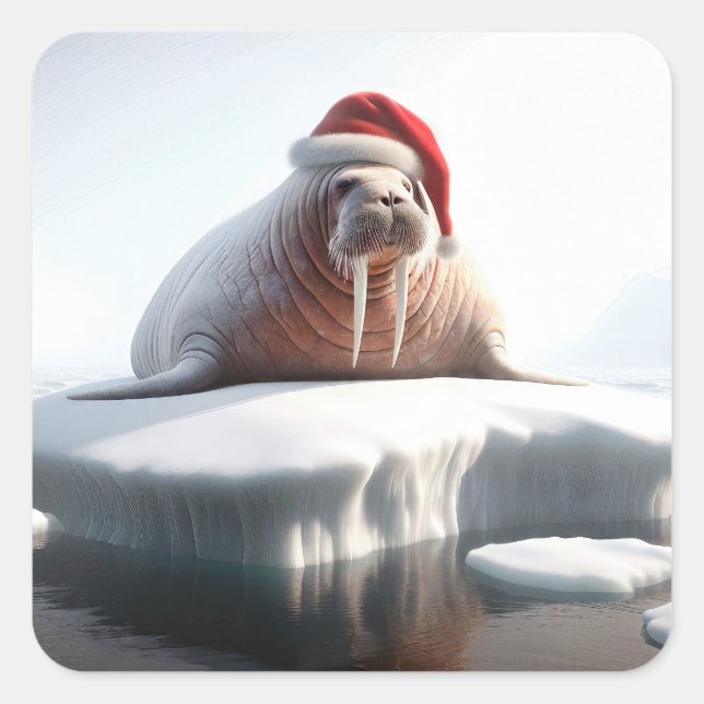 Sticker Carré Walrus de Noël portant un chapeau de Père Noël (Devant)