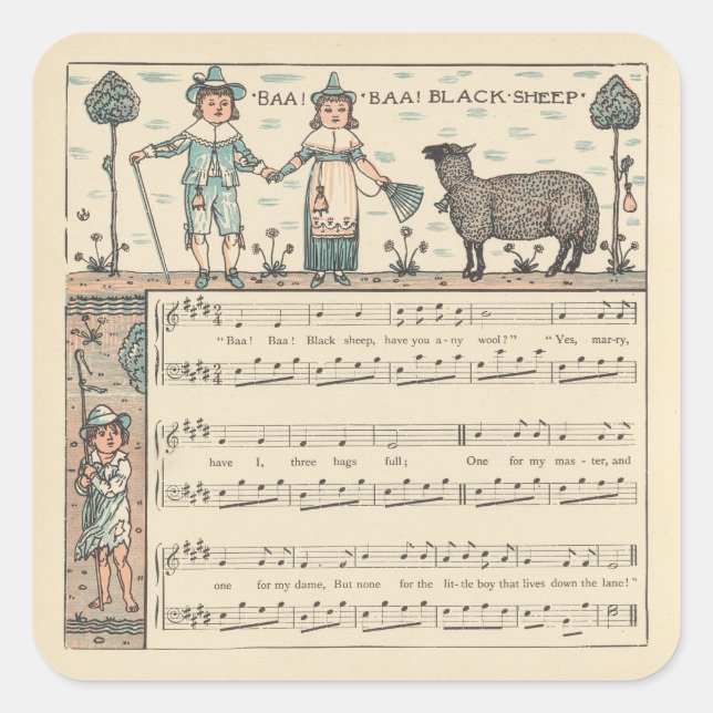 Sticker Carré Walter Crane Baa Baa Mouton Noir Comptine (Devant)
