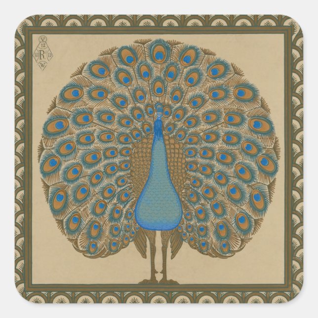 Sticker Carré Walter Crane Blue Peacock avec sa queue écartée (Devant)