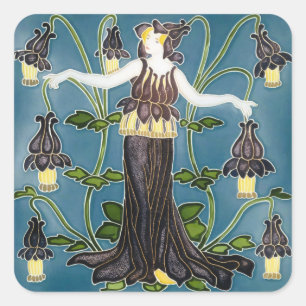 Sticker Carré Walter Crane Columbine Art Nouveau Fleur Violette
