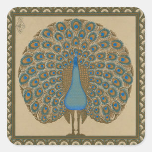Sticker Carré Walter Crane Vintage Or Bleu Paon Art
