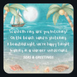 Sticker Carré Warmer Wonderland Tropical Beach Christmas<br><div class="desc">Des autocollants de Noël tropicaux et fantaisistes (ou phoques d'enveloppe) sont munis d'une plage claire de la lune avec des coquillages et du sable scintillant, des palmiers et un navire naviguant dans la mer turquoise. Les paroles sont à l'air de "Winter Wonderland" mais avec une touche tropicale qui dit :...</div>